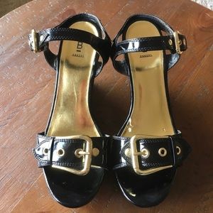 Bakers Black Patent Platform Wedge Gold Buckle Strap Sandals, Size 8